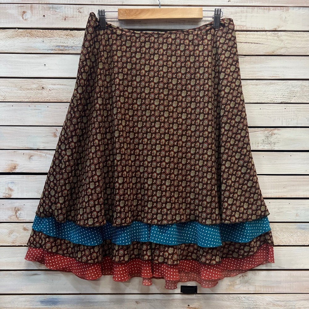 Vintage Prairie Boho Skirt Floral Polkadot Tiered Midi Chiffon Cottagecore 12